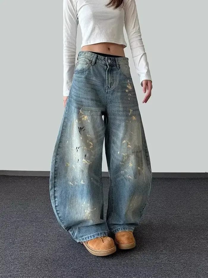 2025 Ropa Y2K mode peinture à l'encre Vintage bleu Baggy jean pantalon pour femmes vêtements vieille jambe large dame