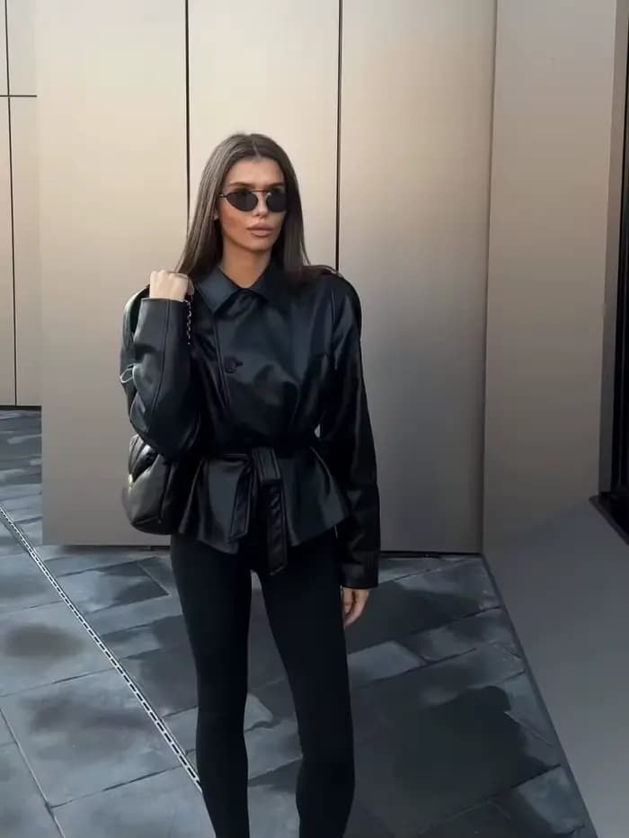 ETJ 2025 automne nouvelle mode femme ceinture simili cuir à manches longues court trench manteau déc