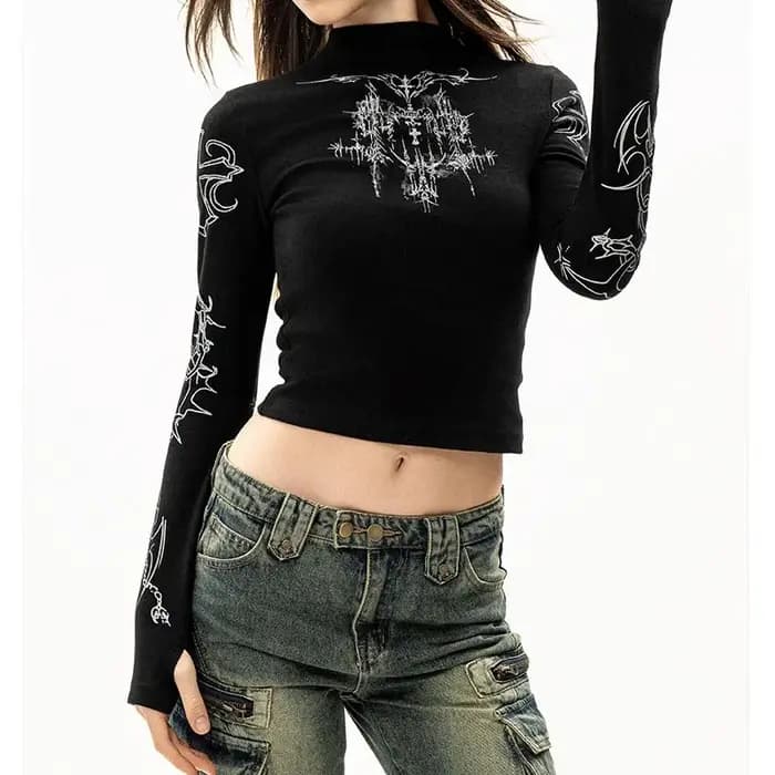 Grunge femmes T-Shirt Y2k esthétique col mi-haut t-shirts imprimé graphique à manches longues hauts transparents Punk Alternative culture hauts EMO