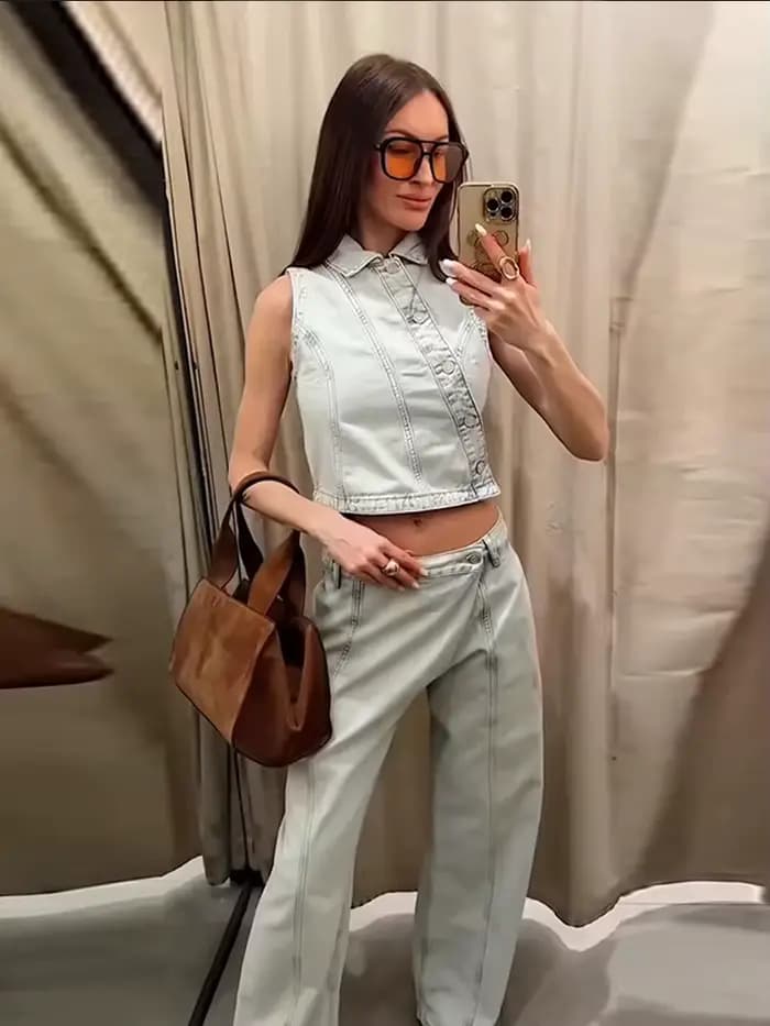 Nouvel ensemble 2026 : Gilet en jean et pantalon pour femme – Veste ajustée sans manches à revers et