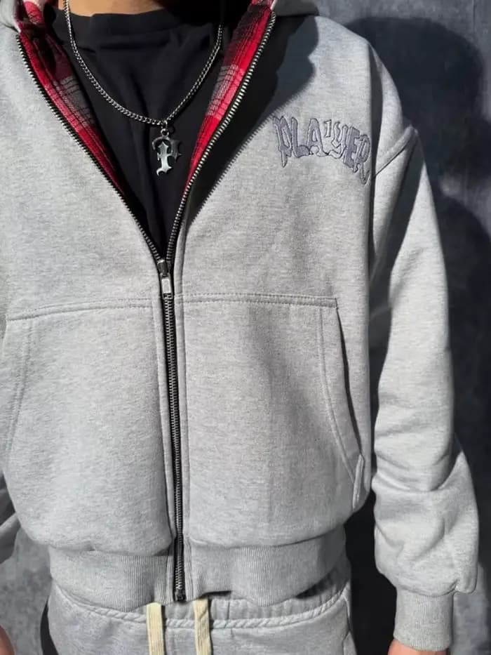 Sweat à capuche moderne à fermeture éclair double face avec motif damier vintage pour garde-robe de mode saisonnier d'automne et d'hiver