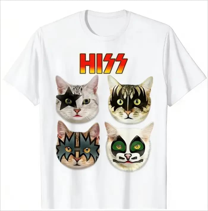 T-shirt décontracté en coton doux avec imprimé chat HISS KISS Band pour les fans de musique rock et les amoureux des