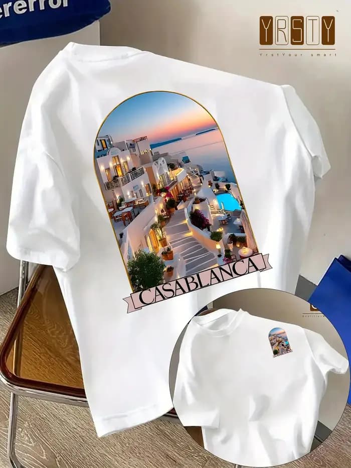 Nouveau T-shirt d'été tendance pour homme avec motif paysage côtier grec, coupe ample confortable, 1