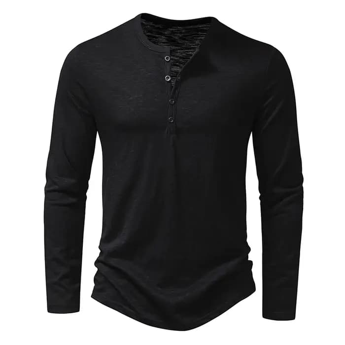 Nouveau hommes coton Henley t-shirt à manches longues T-Shirts basique décontracté bouton col respir