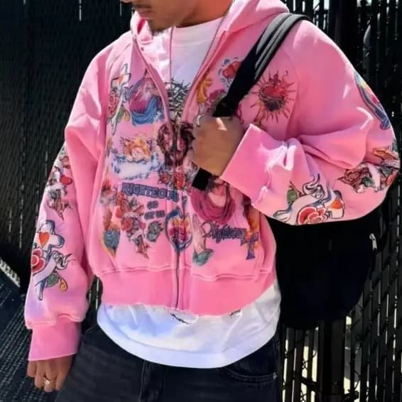2025 rue vêtements de sport motif rétro sweat à capuche imprimé tempérament ample hommes