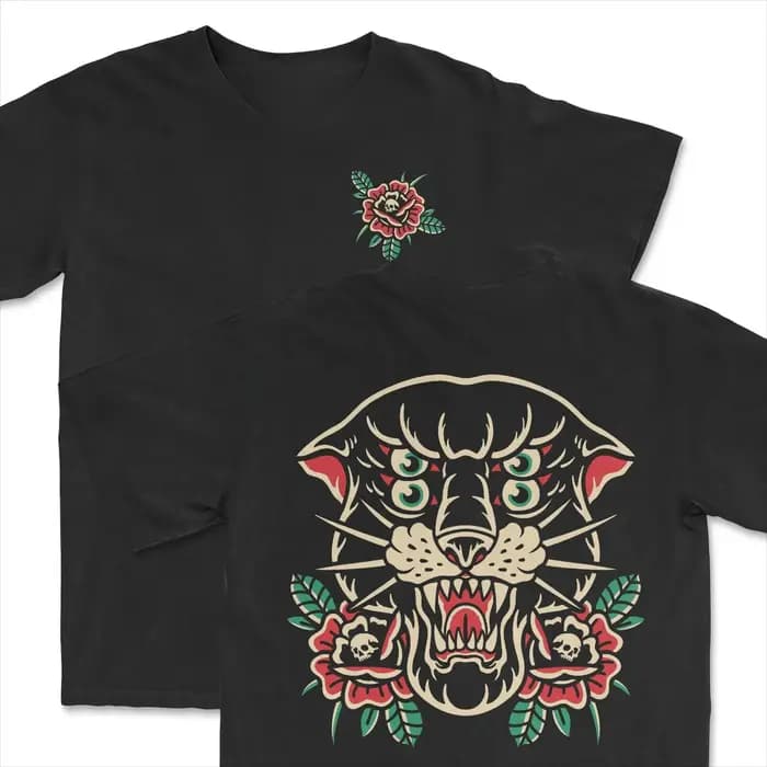 T-shirt unisexe surdimensionné en coton Y2K Streetwear avec motif double face tatouage panthère rose style old school été 2026