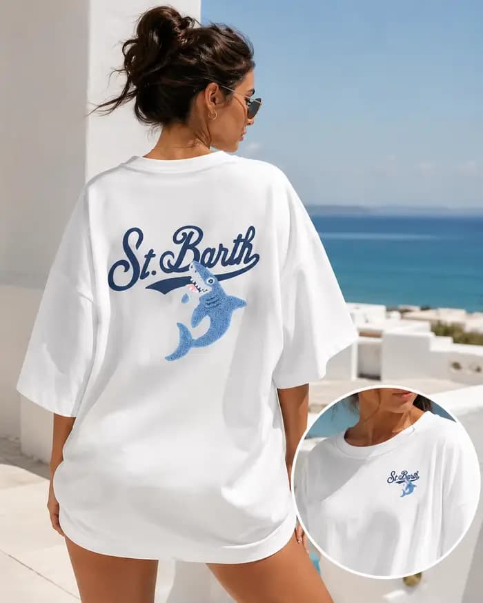 T-shirt pour femme St. Barth imprimé requin, col rond décontracté, manches courtes avec motif géométrique, haut tendance pour femme