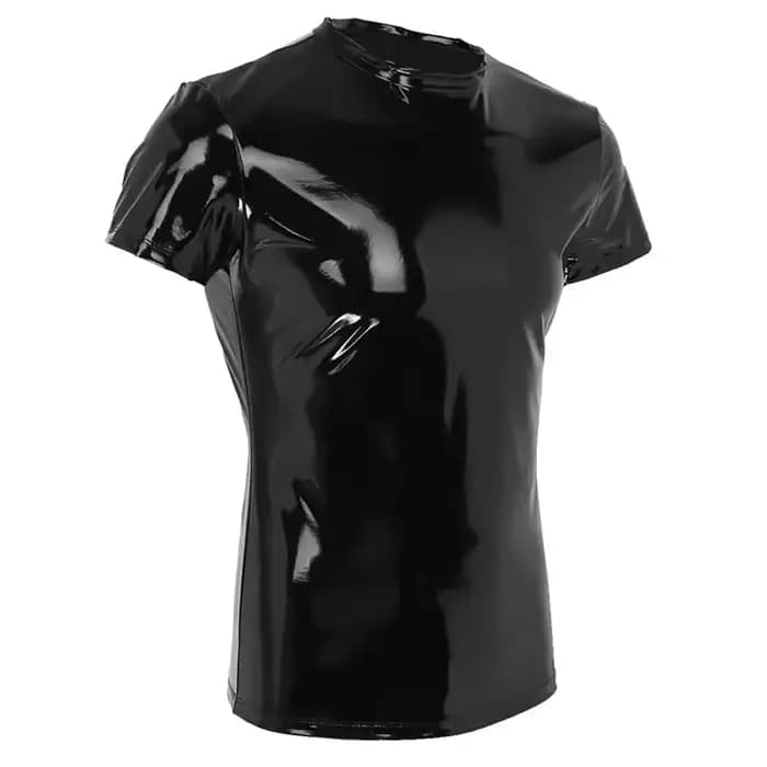 Rouge hommes Wetlook hauts Punk mode brillant PVC vêtements Faux cuir homme T-Shirt soirée Clubwear grande taille 5XL Costume