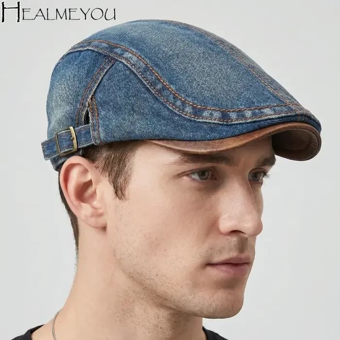 Casquette Gavroche en Jean Lavé Coton Style Britannique Réglable Couleur Unie Printemps