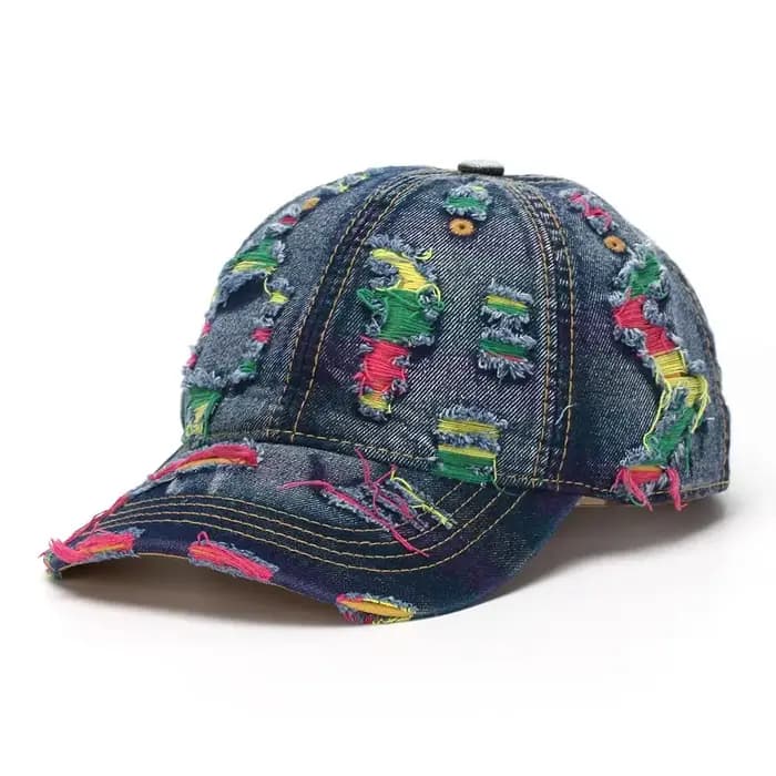 Casquette de baseball rétro en jean avec lignes colorées, style déchiré réglable, visière, pour homme et femme, streetwear d'extérieur