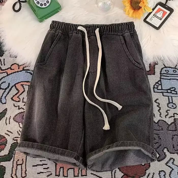Jean noir Vintage Y2k pour hommes, pantalon large décontracté taille basse, short en jean porté, vêtements grande taille, short en jean de couleur unie, 2025