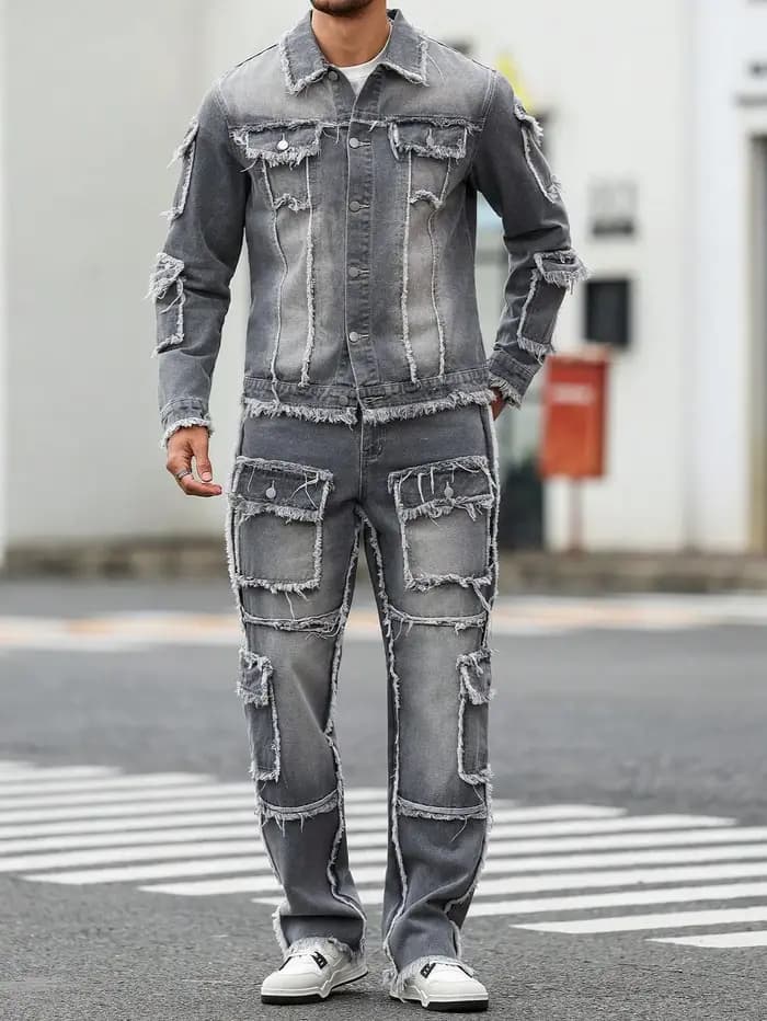 Ensemble en denim gris délavé à ourlet brut