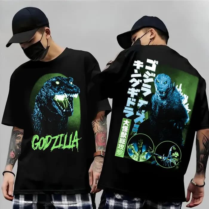 T-shirt graphique Godzilla Kanji double face à manches courtes pour hommes et femmes