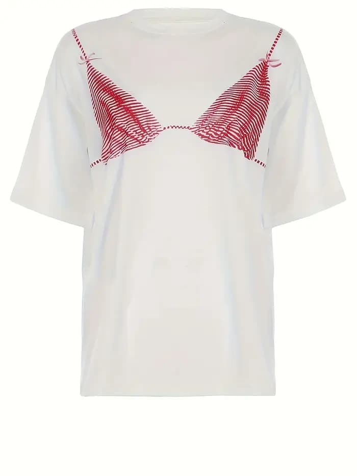T-shirt à manches courtes et col rond imprimé bikini rose