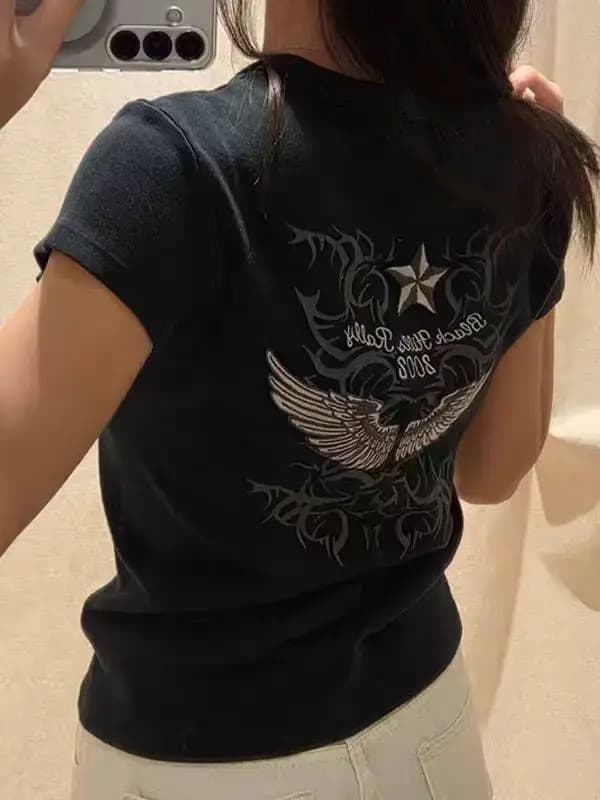 T-shirts rétro à imprimé étoile à cinq branches pour femmes, streetwear, coupe ajustée, polyvalents, manches courtes, t-shirts vintage chics et simples, tops Y2K