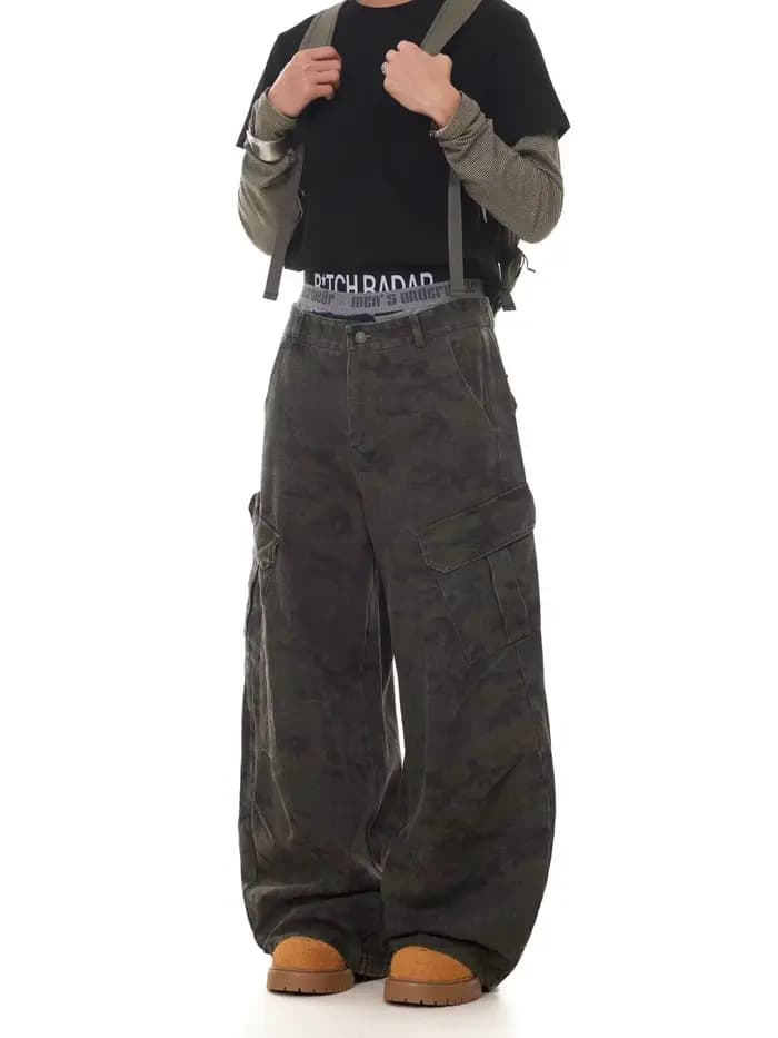Américain rétro multi-poches Camouflage Silhouette cimandre jean Niche Baggy jambe large faucille pa