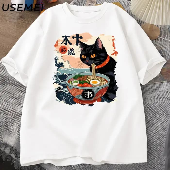Kawaii chat Anime T-shirt Ramen japonais drôle graphique