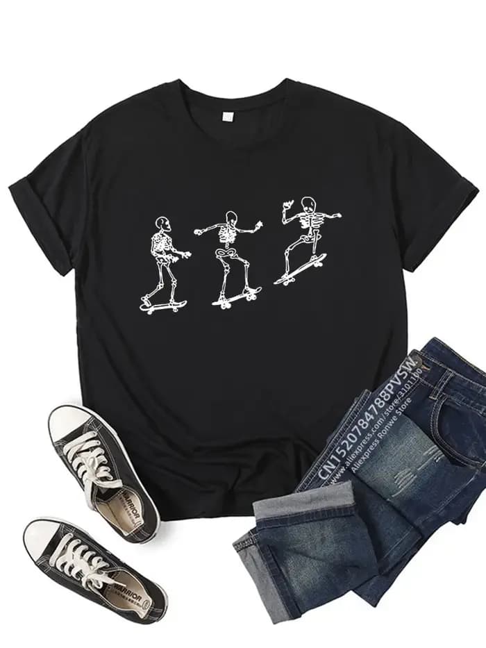 T-shirt à manches courtes Skull Skateboard pour femmes et filles