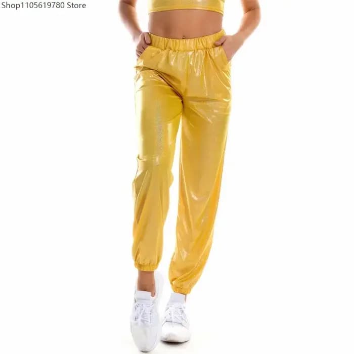 Pantalon de jogging ample taille haute holographique réfléchissant métallisé pour femme