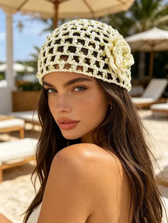 1 pièce : Bonnet en tricot ajouré à sequins style bohème