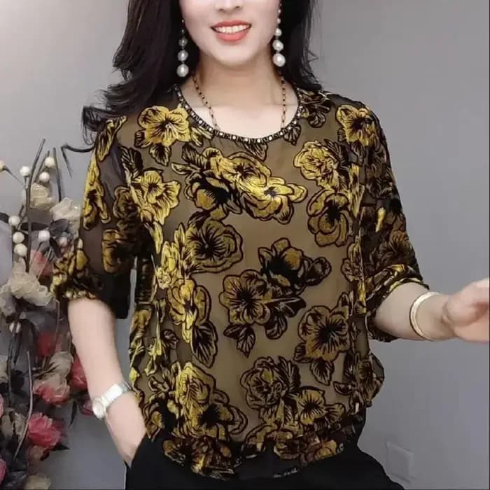 Vintage femmes doré velours T-Shirt printemps automne femme vêtements hauts col rond mode ample à manches longues décontracté t-shirts floraux D132