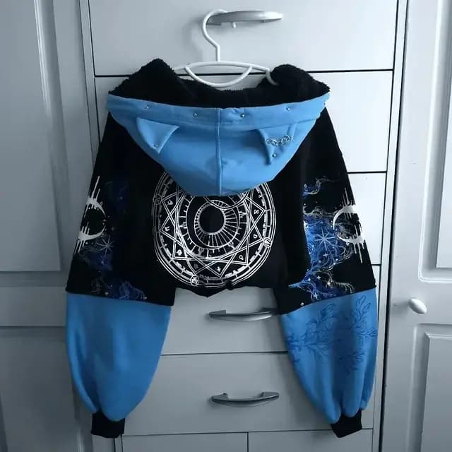 Nouveau sweat-shirt court bleu pour femme avec imprimé graphique vague étoilée