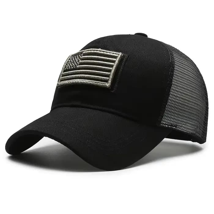 Casquette de baseball à dos en maille noire avec patch drapeau américain – Accessoire élégant et patriotique