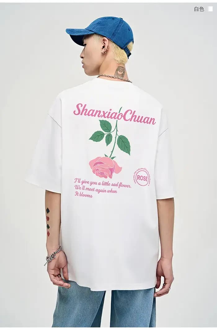 T-shirt rétro à manches courtes avec motif rose et style américain, coupe ample et épaisse pour hommes et femmes, tee-shirt d'été pour couple