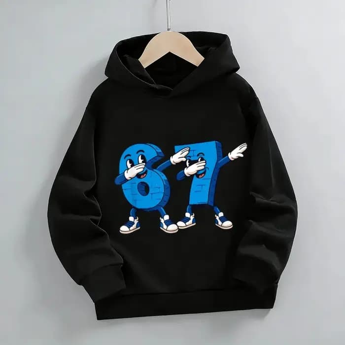Sweat à capuche gris avec imprimé anthropomorphe numéro 67 pour garçons et filles | Haut