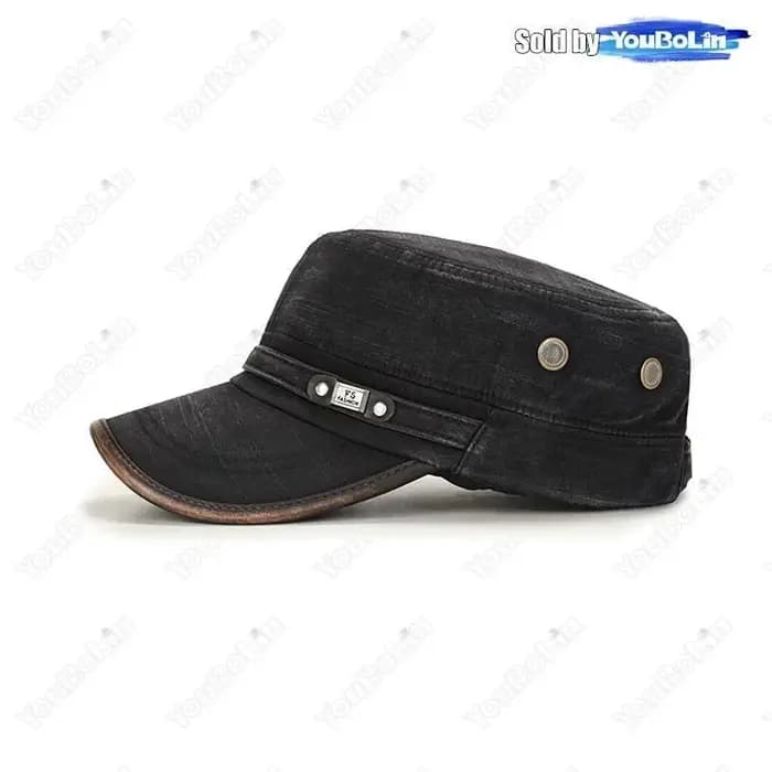 Casquette plate réglable en coton délavé à bord en cuir pour école militaire