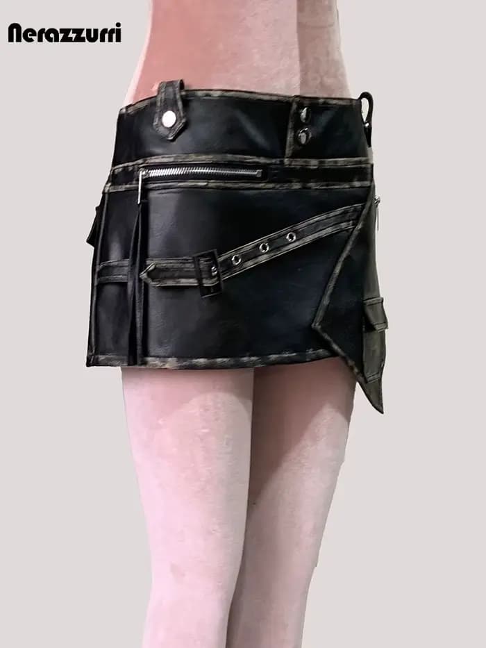 Mauroicardi été Cool en détresse noir Faux cuir Mini jupe asymétrique femme taille haute courte luxe concepteur Emo vêtements