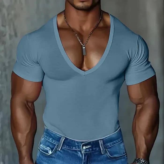 Vintage col en V t-shirts pour hommes été à la mode coupe ajustée Stretch à manches courtes T-shirt