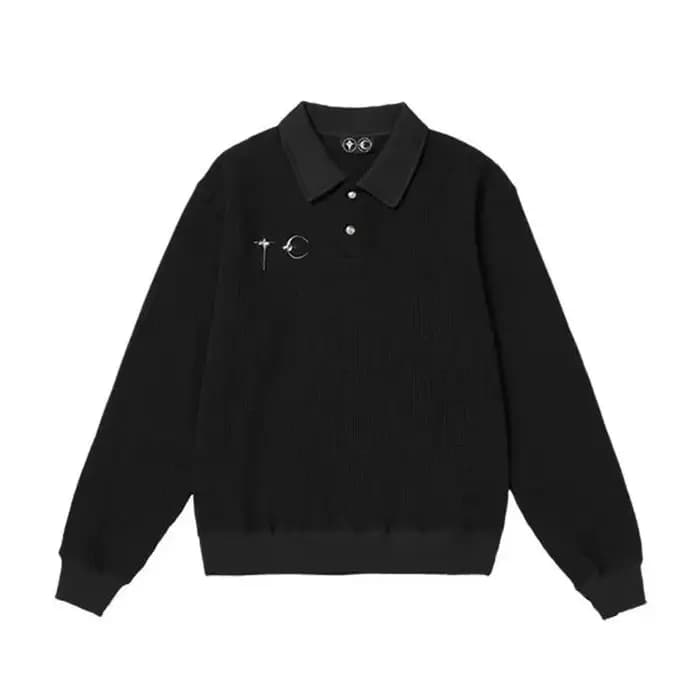 THUG CLUB Polo classique à boutons en métal à manches longues motif gaufré couleur unie T-shirt unisexe mode décontractée pour les jeunes