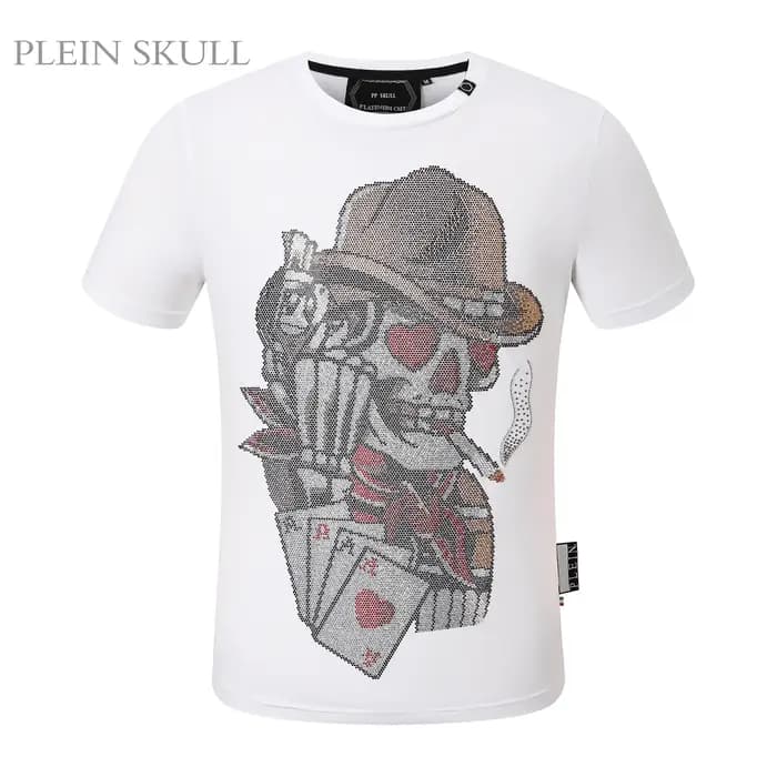 T-shirt PLEIN SKULL de luxe léger à col rond, estampé à chaud, style Hip Hop, streetwear, manches co