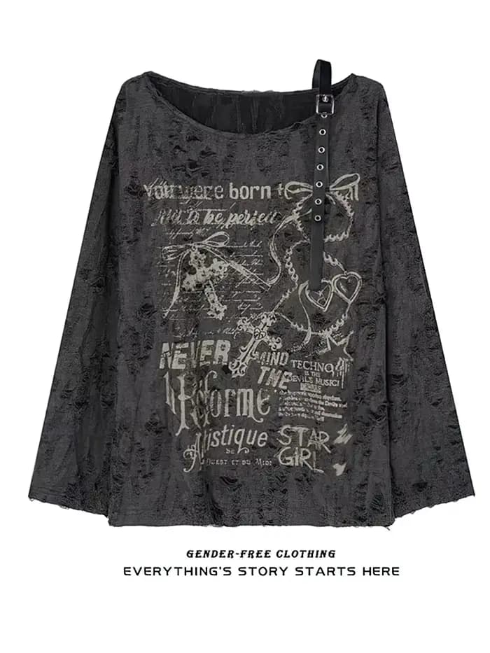T-shirt vintage Y2K oversize à épaules dénudées avec imprimé