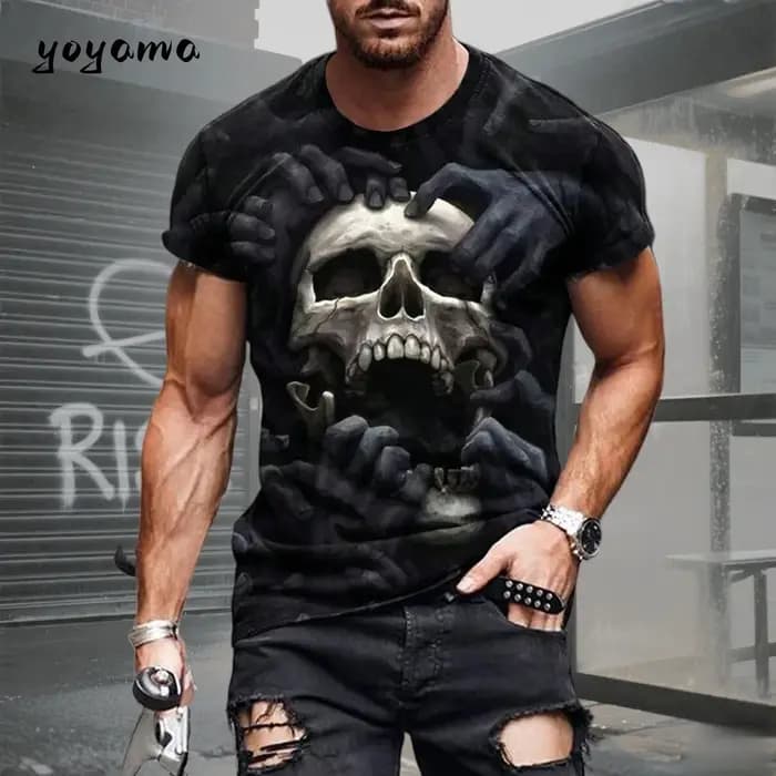 T-shirt pour homme avec motif crâne imprimé en 3D. Vêtements d'été rétro décontractés et sportifs à manches courtes