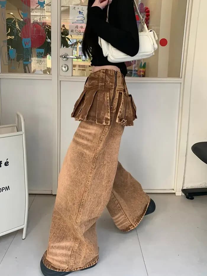 Jean ample vintage marron style Y2K streetwear 2026 pour femme – Pantalon en denim à jambe large