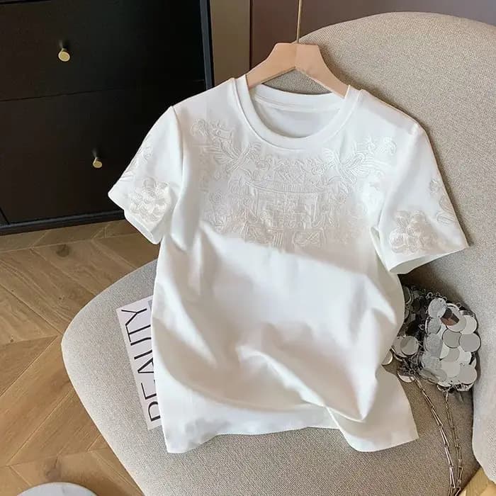 T-shirt à manches courtes en coton blanc brodé pour femmes