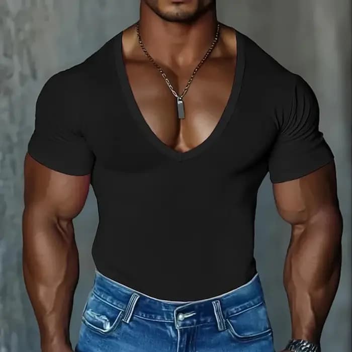 Vintage col en V t-shirts pour hommes été à la mode coupe ajustée Stretch à manches courtes T-shirt hommes quotidien décontracté couleur unie respirant T-shirt