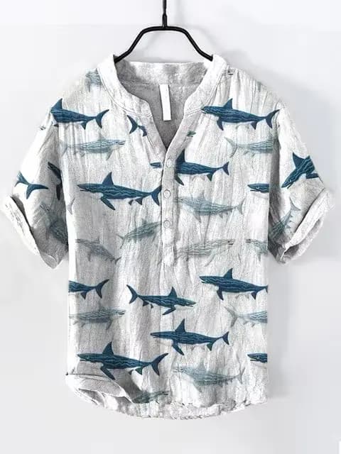 T-shirt à manches courtes imprimé artistique pour hommes, chemise Henry à col en V, mode estivale, u
