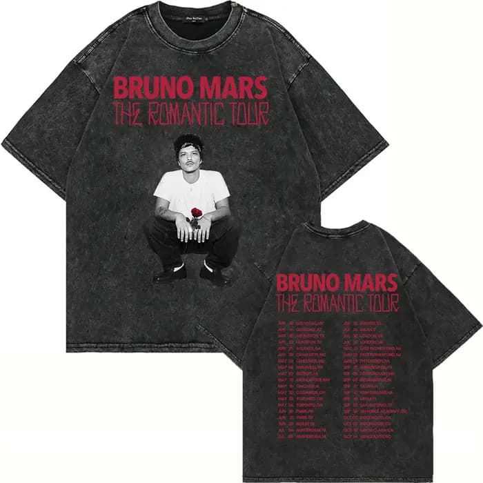 T-shirt 100% coton vintage lavé Bruno Mars The Romantic Tour 2026 Mode Homme/Femme Rétro Surdimensionné Décontracté