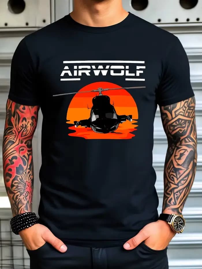 T-Shirt graphique Airwolf pour hommes, noir, avec hélicoptère, Design coucher de soleil, mélange de