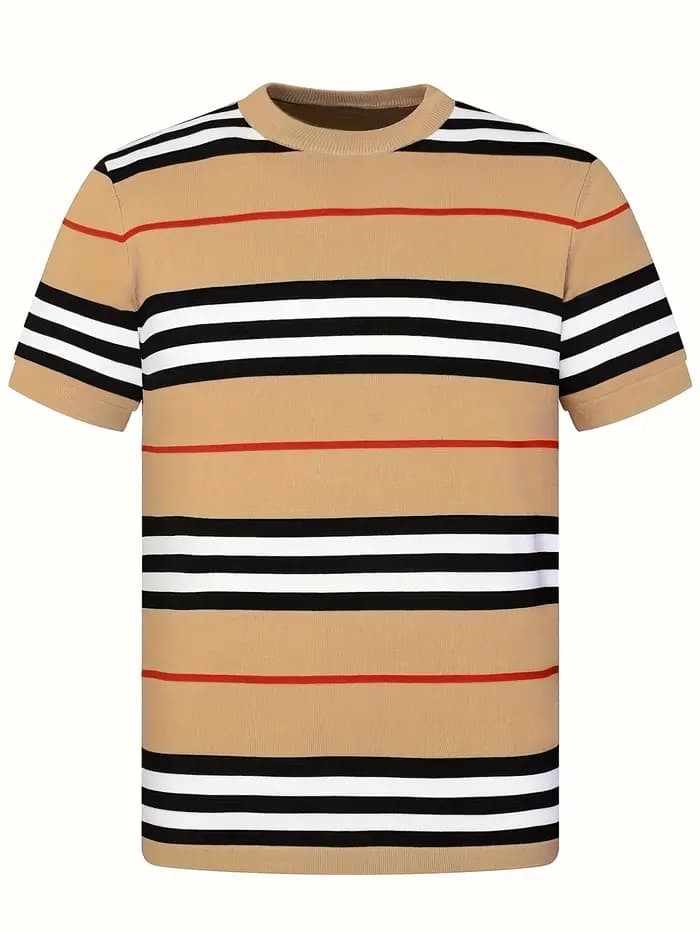 T-shirt à col rond rayé contrastant de style britannique, rétro classique, ample et décontracté, pol