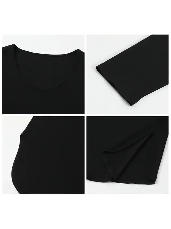 T-shirts amples décontractés à col en U et manches longues pour femmes CHIC VEN – Hauts fendus