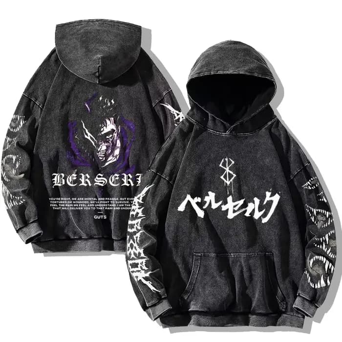 Hommes Berserk sweats à capuche imprimé gothique Vintage lavé