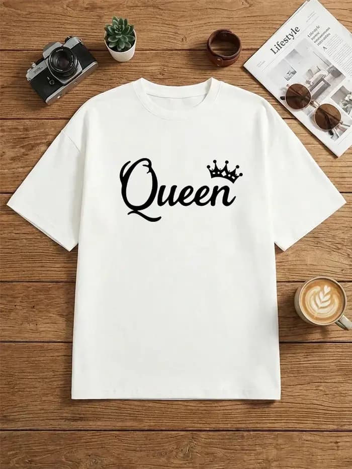T-shirt Oversize Imprimé Queen 2026 Nouvelle Collection Femme Printemps-Été – Haut Décontracté Quotidien à Manches Courtes en Coton – Vêtements Féminins