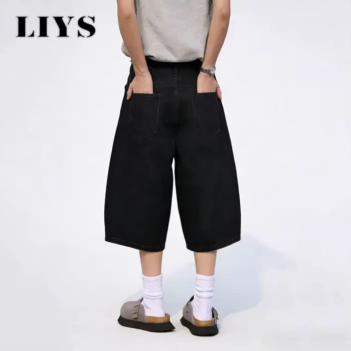 LIYS Short en jean ultra ample style américain rétro noir pour homme et femme, coupe large, pour le