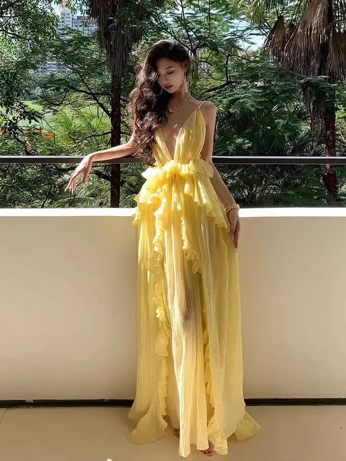Clothland – robe mi-longue jaune sexy à volants pour femmes, col en V profond, sans manches, dos nu,