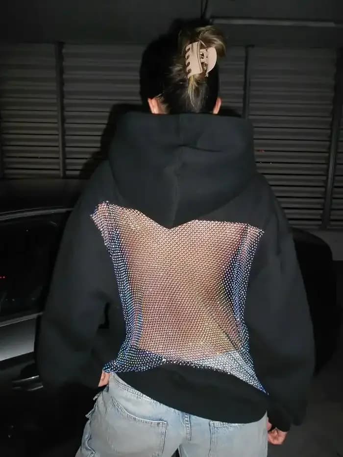 Sweat à capuche américain Sexy en maille strass brillant, dos nu, vêtements Y2K pour femmes, mode chaude, pull surdimensionné, veste décontractée