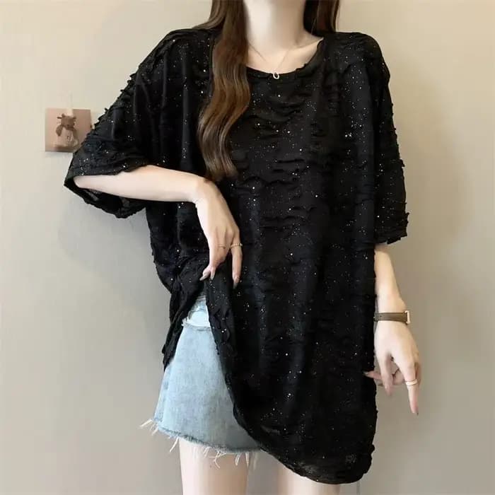 Trou grande taille rue décontracté hauts été nouveau à manches courtes en vrac solide jeunesse mode